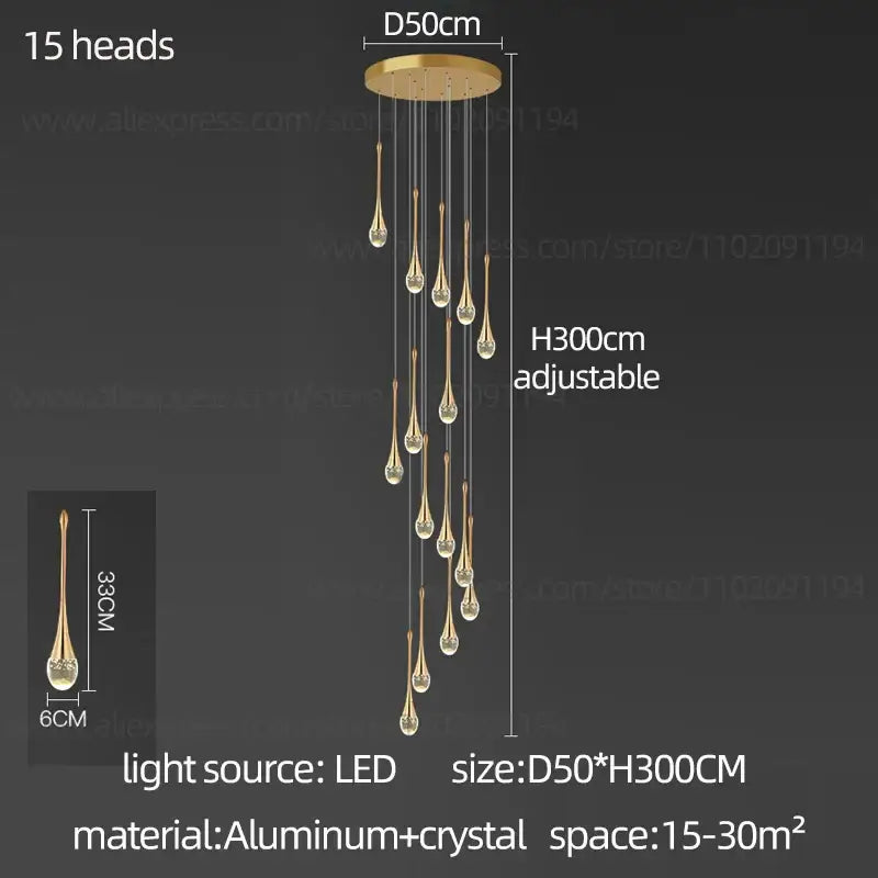 Modern gold crystal chandelier for living room staircase