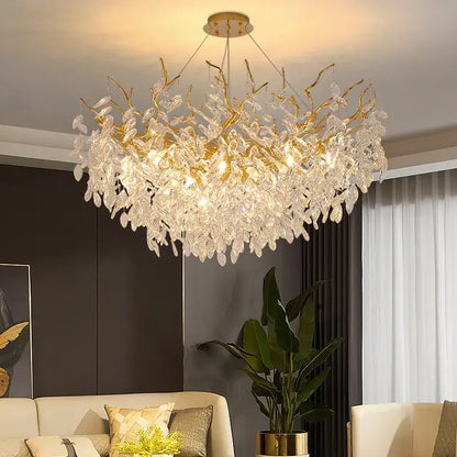 crystal chandelier gold leaf branch light for living room