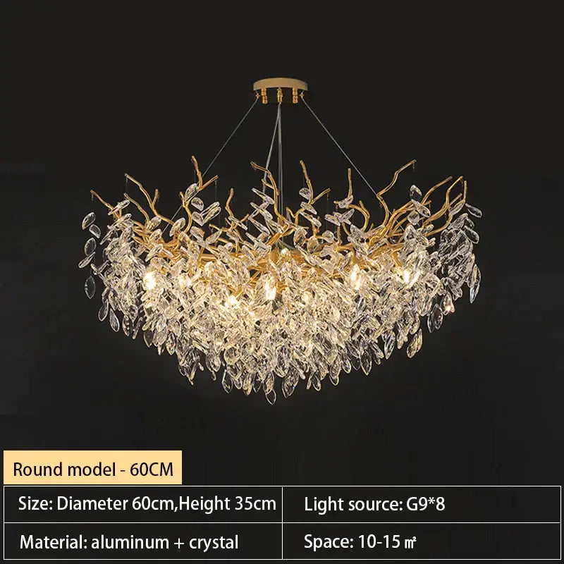 crystal chandelier gold leaf branch light for living room
