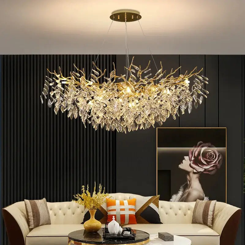 crystal chandelier gold leaf branch light for living room