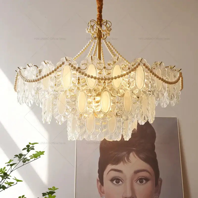 Modern gold crystal chandelier pearl bead living room light