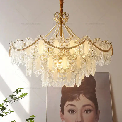 Modern gold crystal chandelier pearl bead living room light
