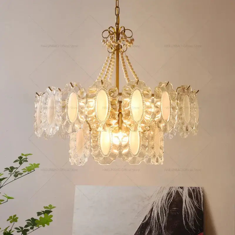 Modern gold crystal chandelier pearl bead living room light
