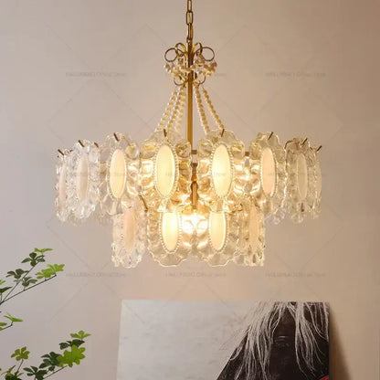 Modern gold crystal chandelier pearl bead living room light