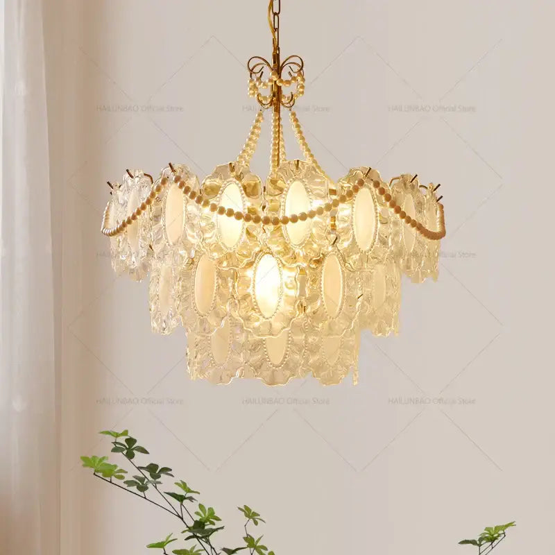 Modern gold crystal chandelier pearl bead living room light