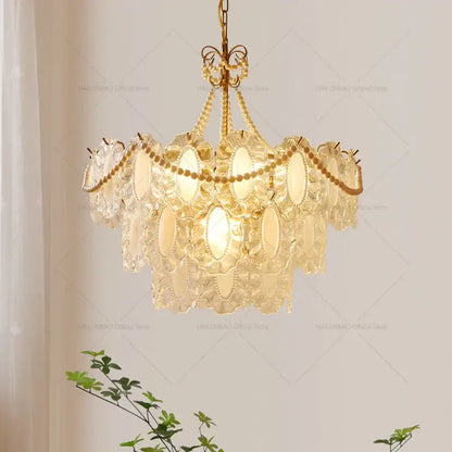 Modern gold crystal chandelier pearl bead living room light