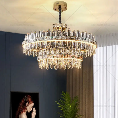 Modern gold two tier crystal chandelier for dining room