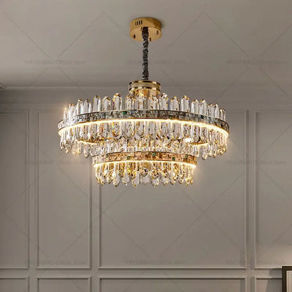 Modern gold two tier crystal chandelier for dining room