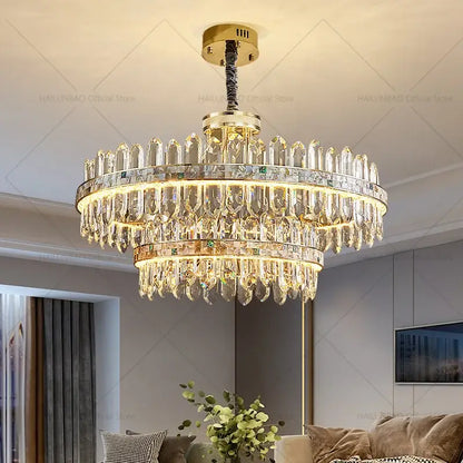 Modern gold two tier crystal chandelier for dining room