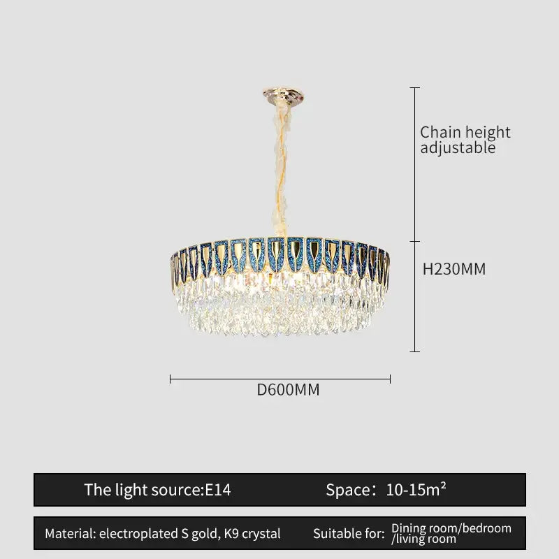 Modern blue & gold crystal chandelier dining room light