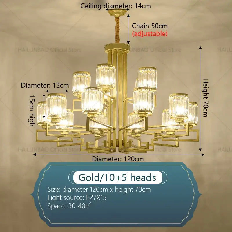 Modern gold geometric crystal chandelier living room light
