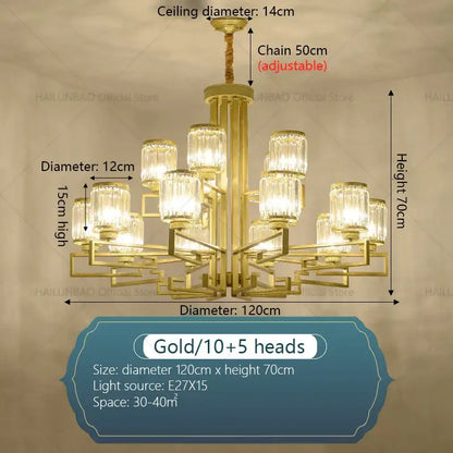 Modern gold geometric crystal chandelier living room light