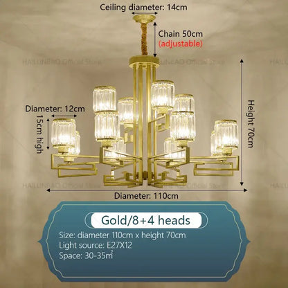 Modern gold geometric crystal chandelier living room light