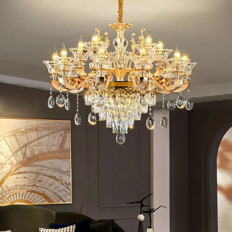 European gold crystal chandelier pendant – hotel lobby teardrop light
