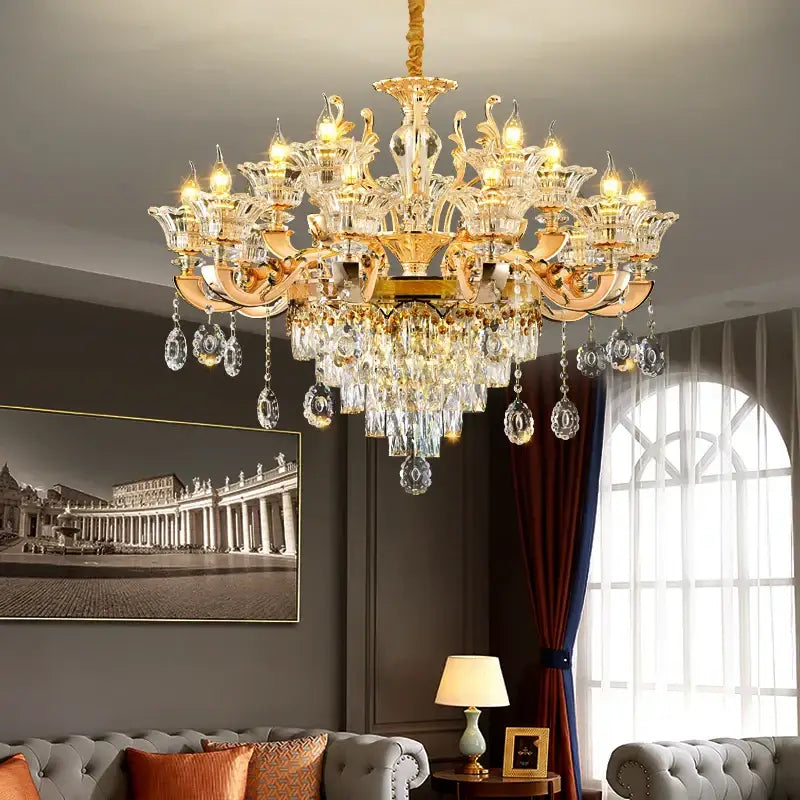European gold crystal chandelier pendant – hotel lobby teardrop light