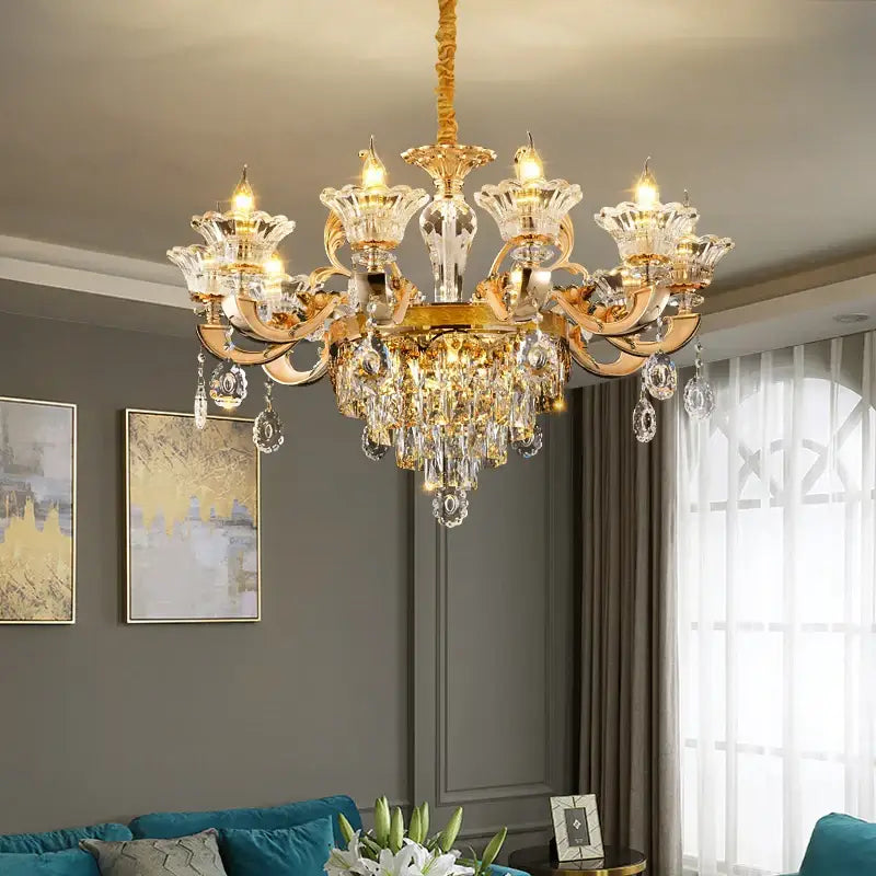 European gold crystal chandelier pendant – hotel lobby teardrop light
