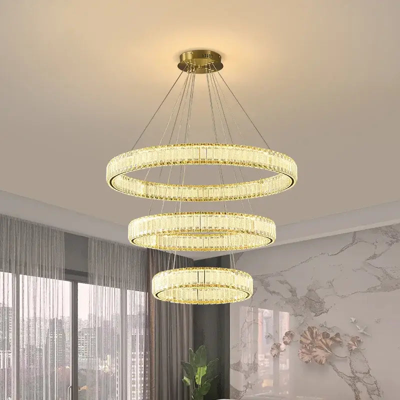 Modern gold interlocking ring crystal chandelier living room