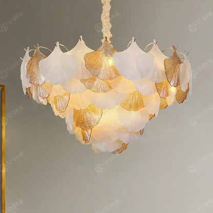 Luxury gold & white ginkgo chandelier shell lamp for living room