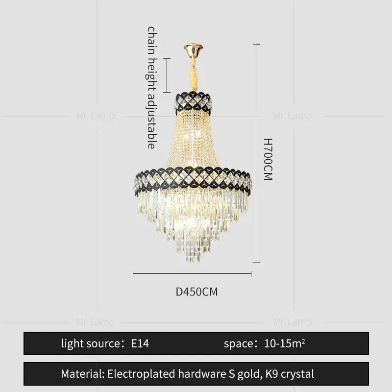 Luxury black & gold crystal chandelier spiral staircase living room