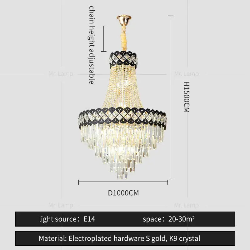 Luxury black & gold crystal chandelier spiral staircase living room