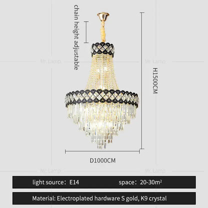 Luxury black & gold crystal chandelier spiral staircase living room