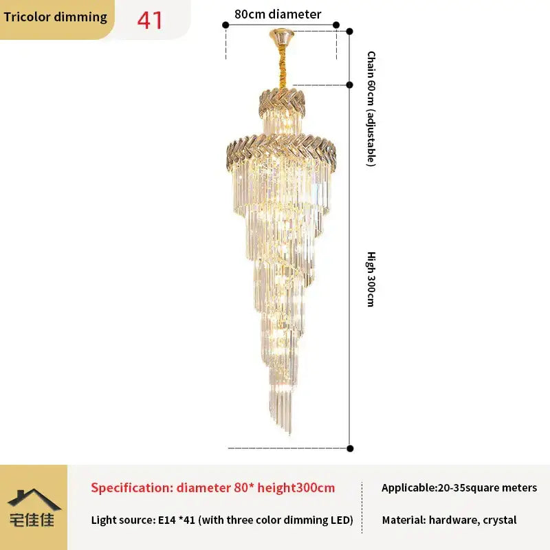 Luxury golden crystal chandelier spiral staircase light