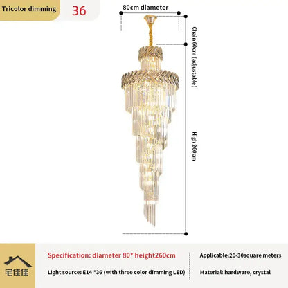 Luxury golden crystal chandelier spiral staircase light