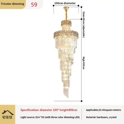 Luxury golden crystal chandelier spiral staircase light