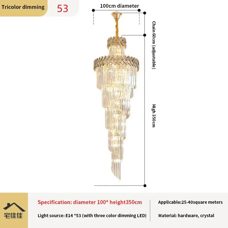 Luxury golden crystal chandelier spiral staircase light