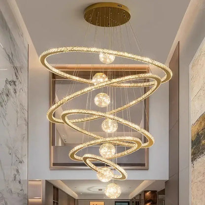 Golden spiral crystal chandelier stair living room light