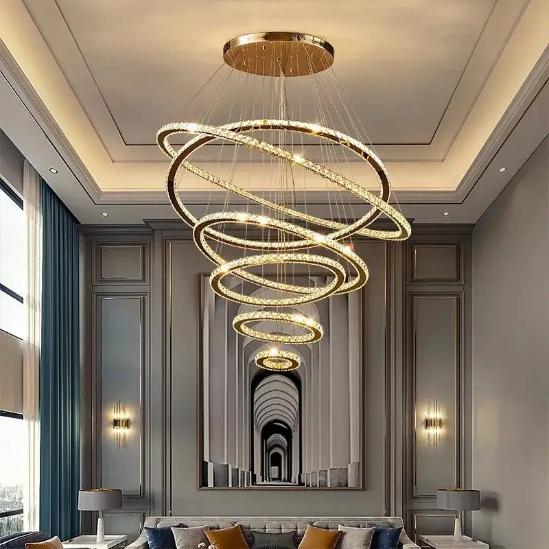 Modern golden interlocking ring crystal chandelier living room light