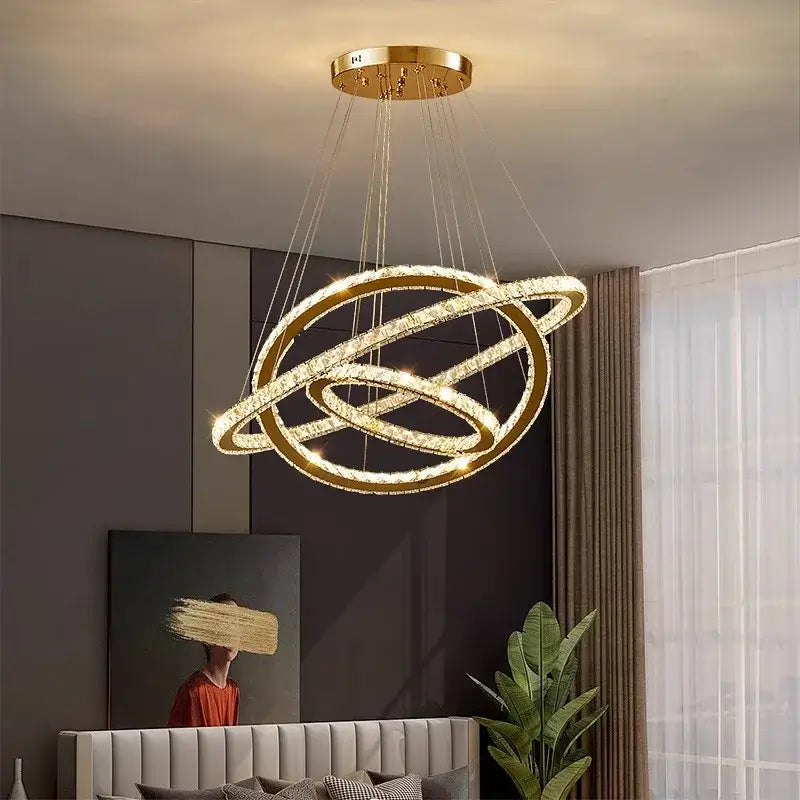 Modern golden interlocking ring crystal chandelier living room light
