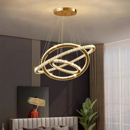 Modern golden interlocking ring crystal chandelier living room light