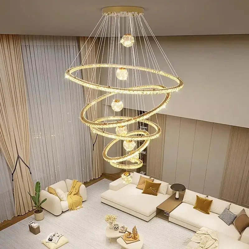 Golden spiral crystal chandelier stair living room light