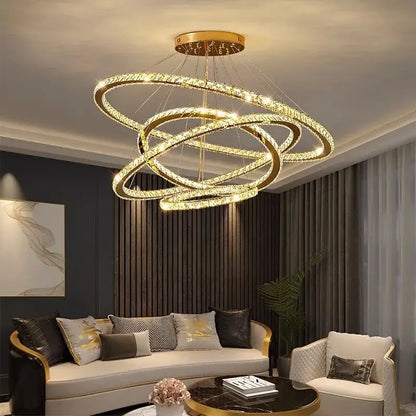 Modern golden interlocking ring crystal chandelier living room light