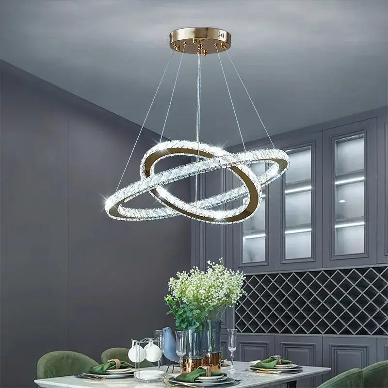 Modern golden interlocking ring crystal chandelier living room light
