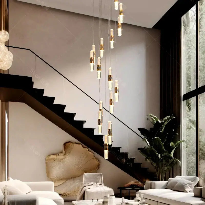 Modern gold crystal chandelier stair pendant lamp living room