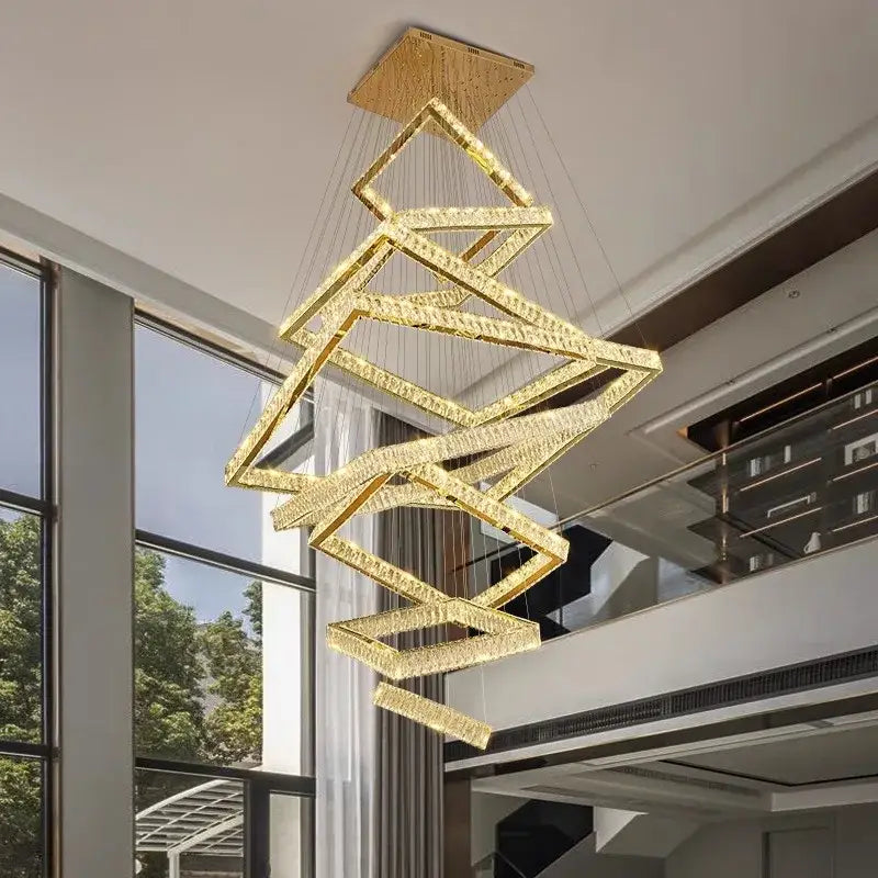 Modern golden geometric crystal chandelier stair pendant living room