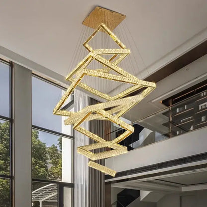 Modern golden geometric crystal chandelier stair pendant living room