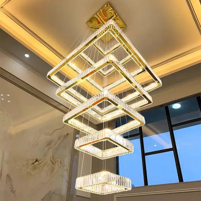 Modern gold cascading crystal chandelier stair pendant lamp