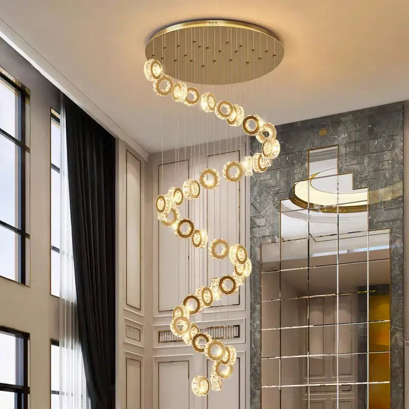 Golden spiral crystal chandelier stair pendant light living room