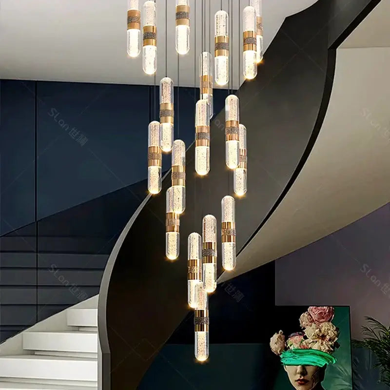 Modern gold crystal chandelier stair pendant lamp living room