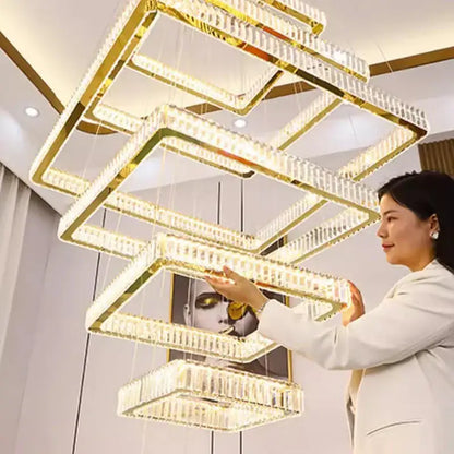 Modern gold cascading crystal chandelier stair pendant lamp