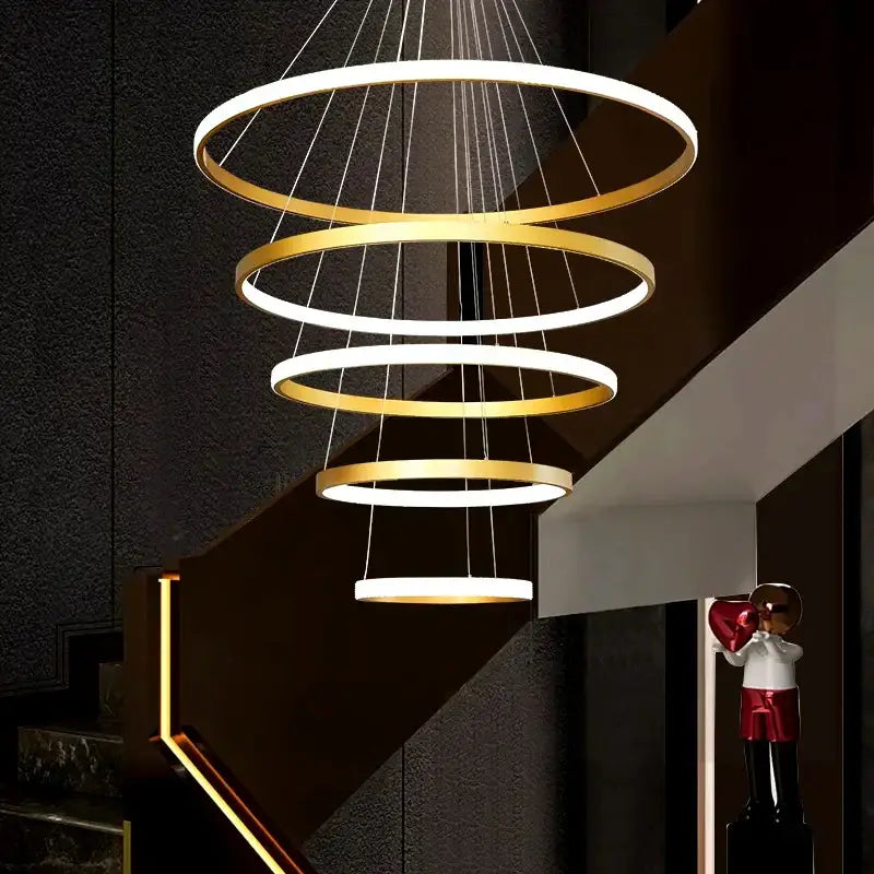 Modern gold ring crystal chandelier stair pendant lamp living room