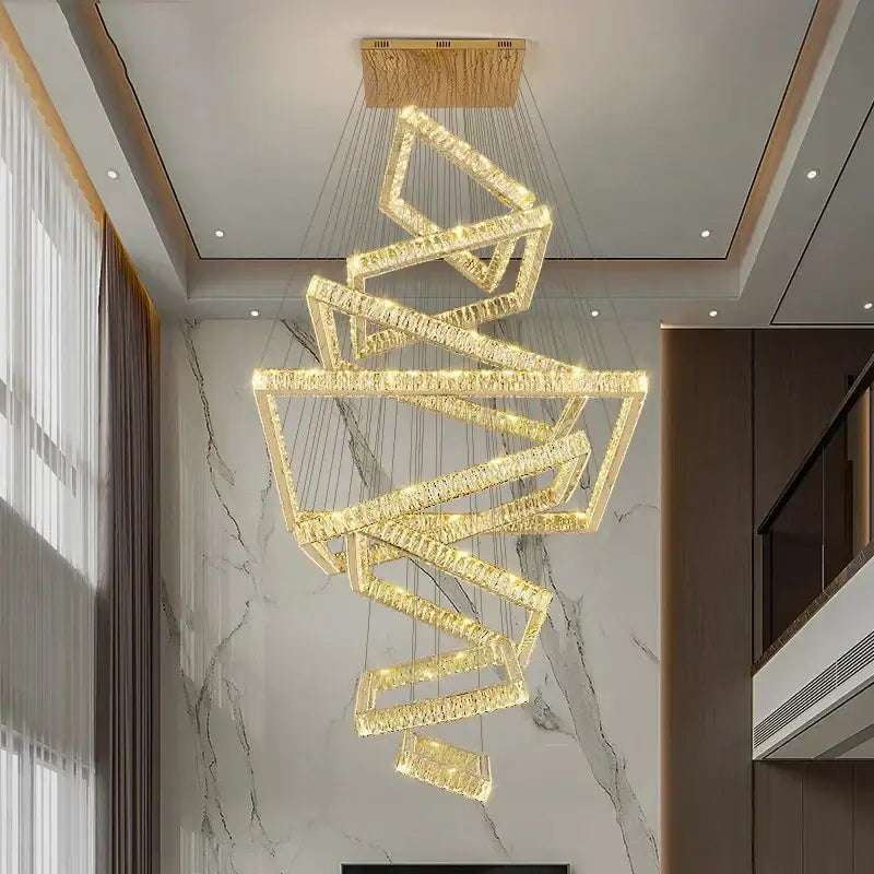 Modern golden geometric crystal chandelier stair pendant living room