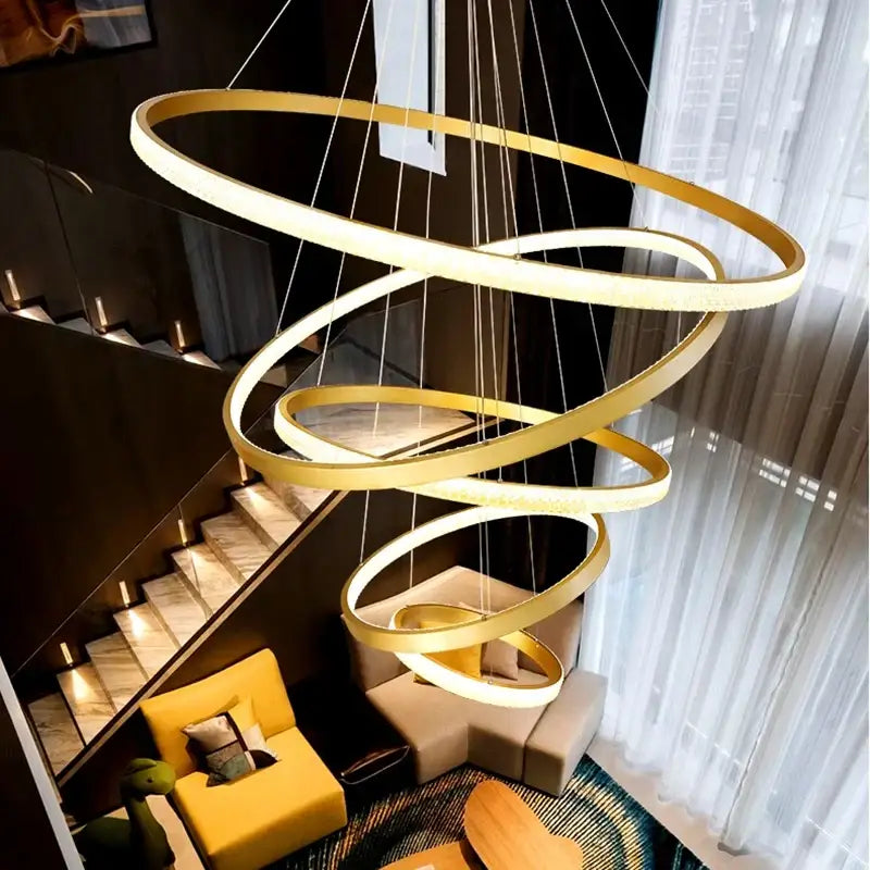 Modern gold ring crystal chandelier stair pendant lamp living room