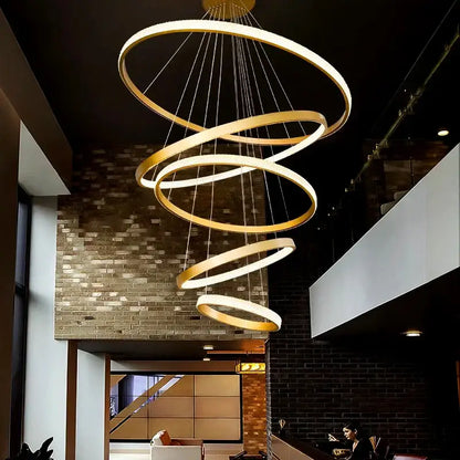 Modern gold ring crystal chandelier stair pendant lamp living room