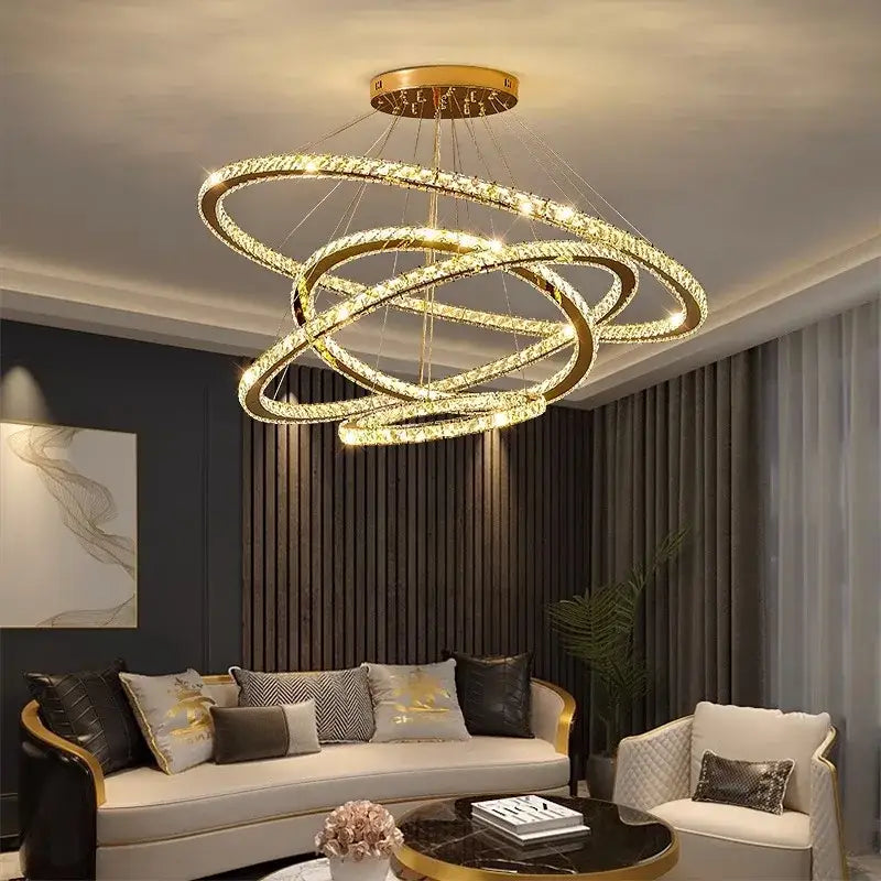 Golden interlocking ring crystal chandelier stair pendant living room