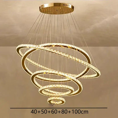 Golden interlocking ring crystal chandelier stair pendant living room