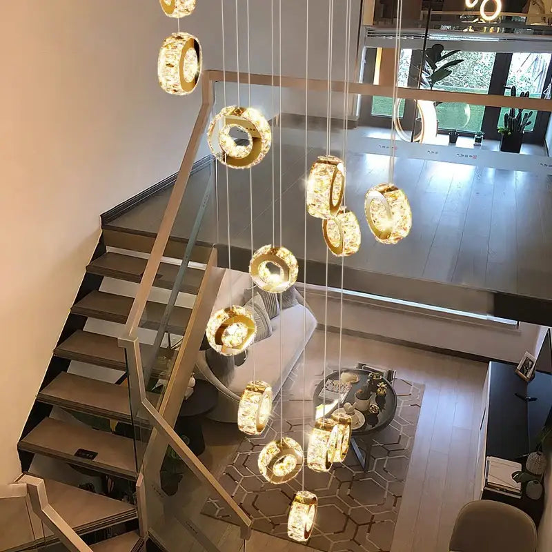 Golden spiral crystal chandelier stair pendant light living room